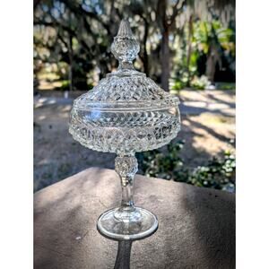 Vintage Indiana Glass Diamond Point Clear Pedestal Covered Candy Dish 11″ Tall